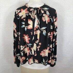 Billabong Long Sleeve Floral Keyhole Tie Front Tropical Billowy Blouse L